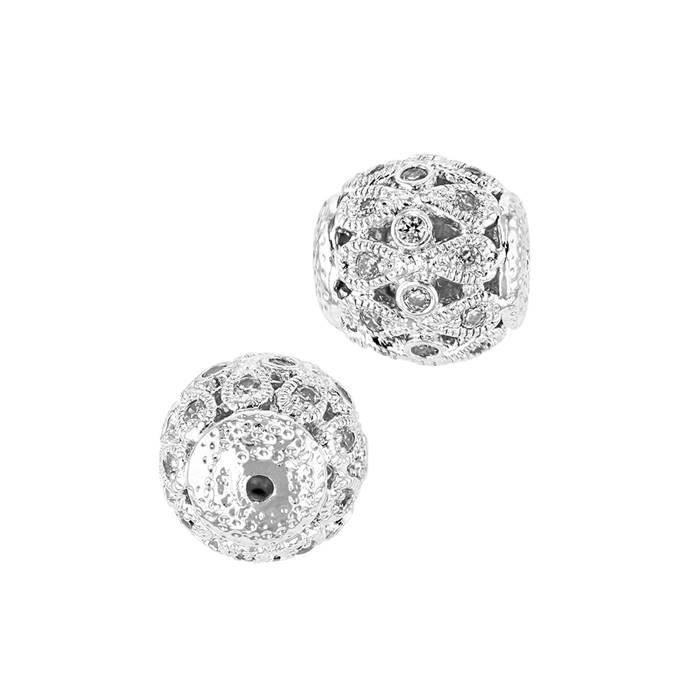 11mm rhodium plated cubic zirconia filigree round bead