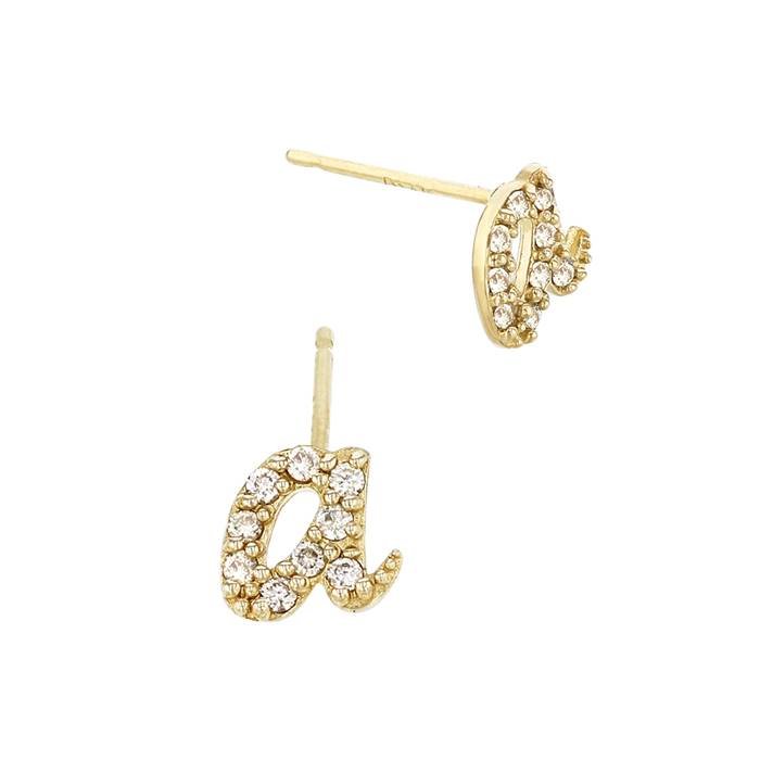 14ky 6mm 9dia.07ct diamond script letter a initial earring