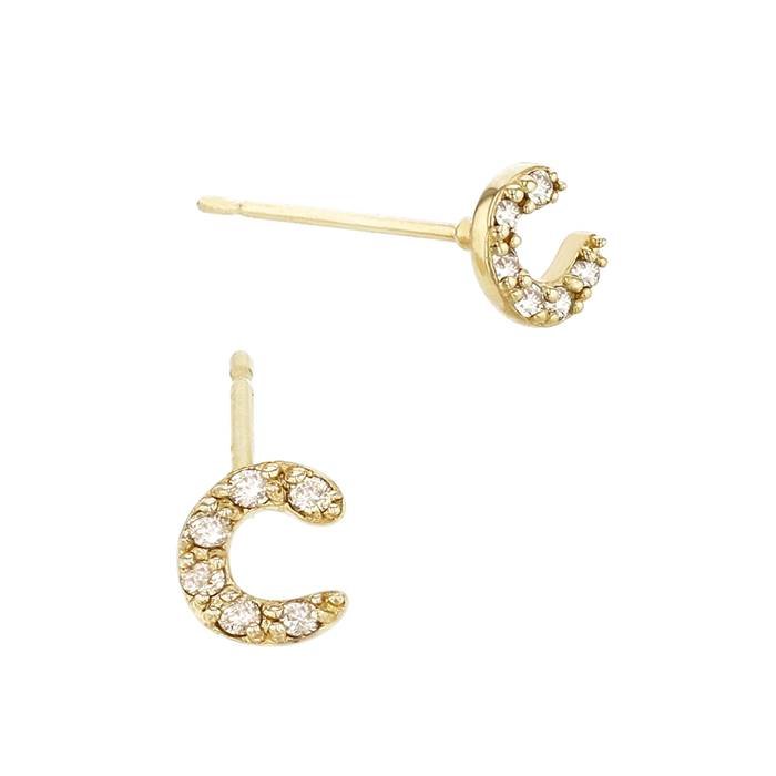 14ky 6mm 6dia.05ct diamond script letter c initial earring