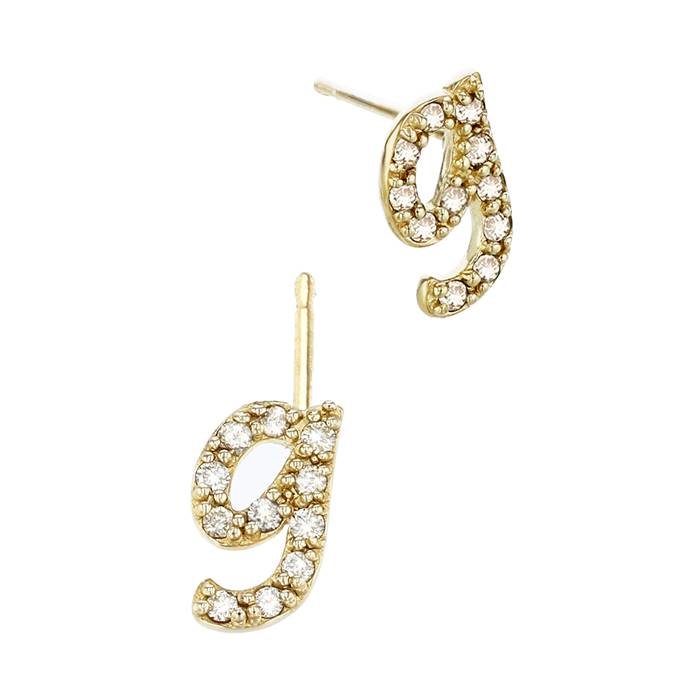 14ky 8.8mm 11dia.09ct diamond script letter g initial earring