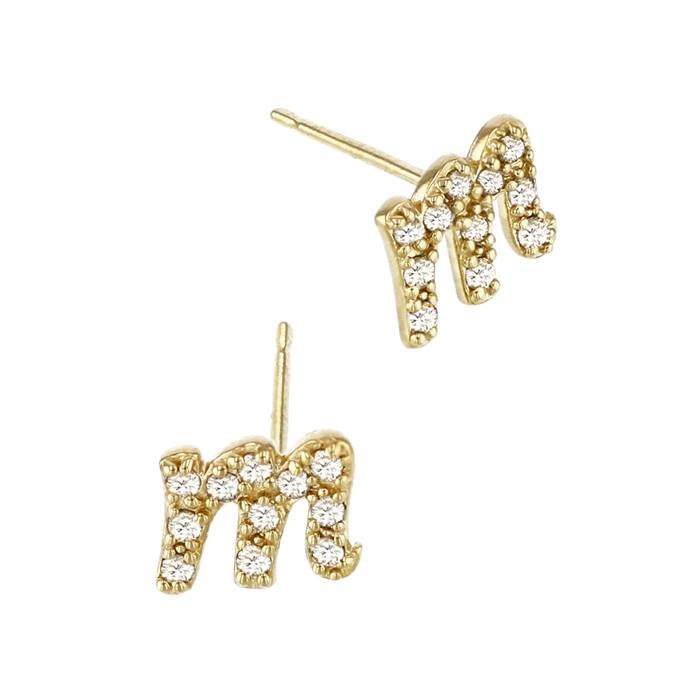 14ky 5.9mm 11dia.09ct diamond script letter m initial earring