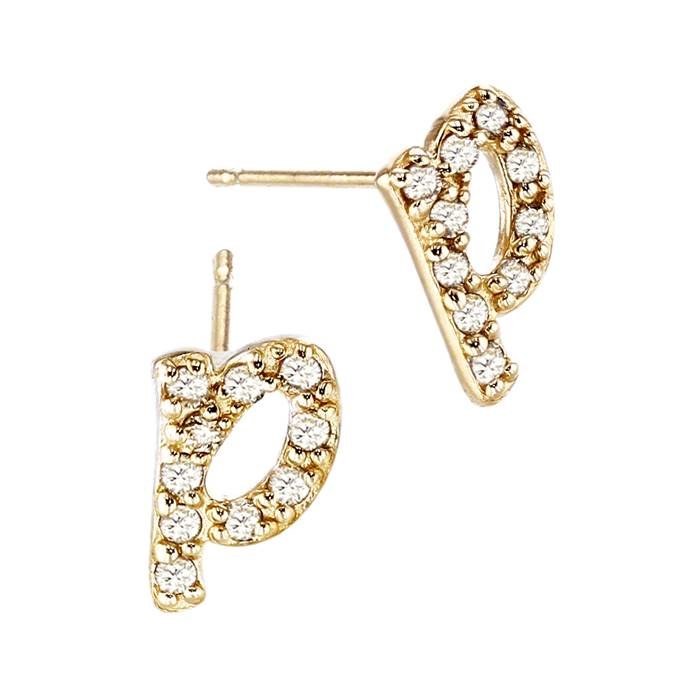 14ky 8.5mm 10dia.08ct diamond script letter p initial earring