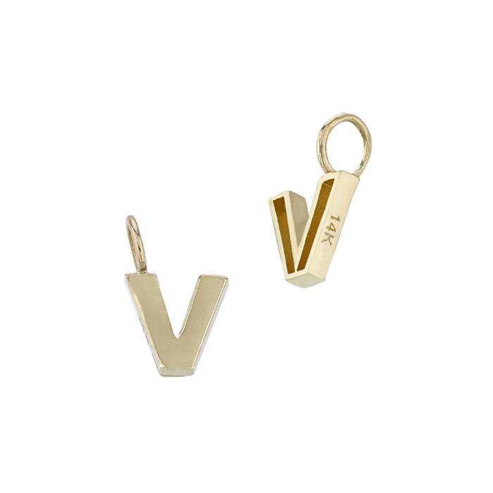 14ky 6mm letter v thick block style letter charm