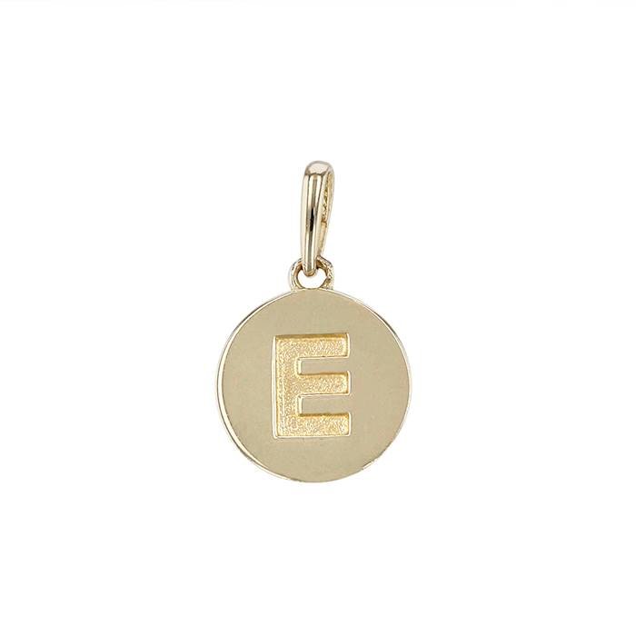 14ky 9mm letter e round disc letter charm