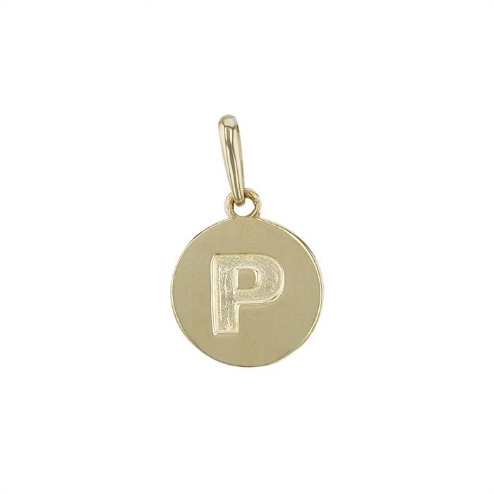 14ky 9mm letter p round disc letter charm