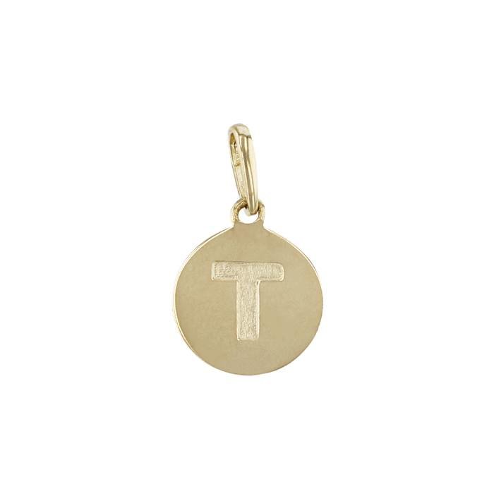 14ky 9mm letter t round disc letter charm