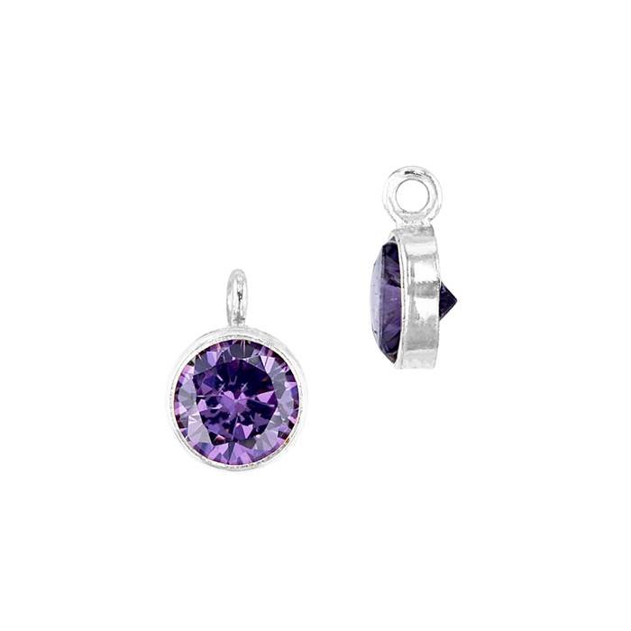 ss 4mm amethyst bezel set cubic zirconina charm with perpendicular ring