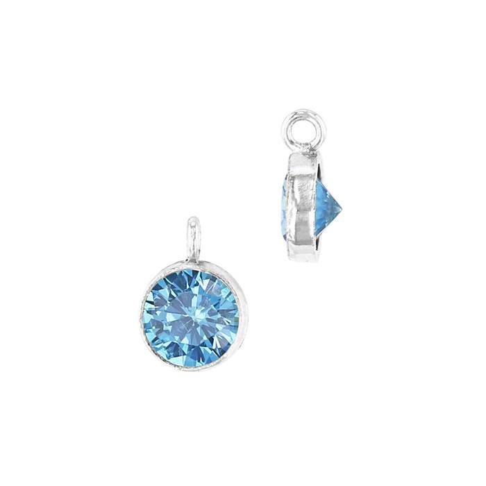 ss 4mm aqua bezel set cubic zirconia charm with perpendicular ring