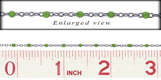 ss-rh 1.5mm flat oval cable satellite chain with 1.7mm peridot enamel bead