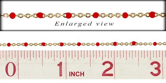 gold filled 1.5mm chain width flat cable satellite chain with 1.7mm coral red enamel bead