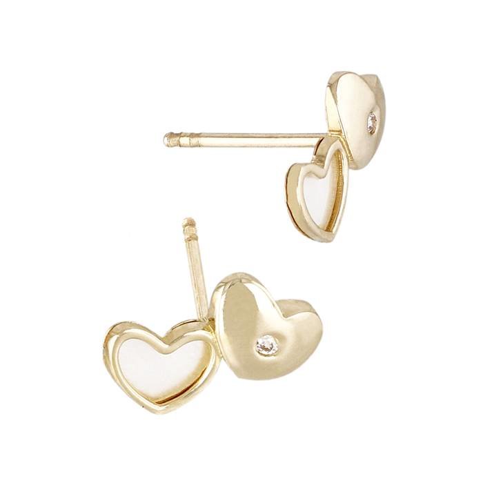 14ky 10.7x5.2mm cubic zirconia and mother of pearl double heart shape stud earring