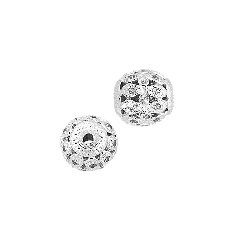 Rhodium Sterling Silver 11mm Rhodium Plated Cubic Zirconia Filigree Round Bead